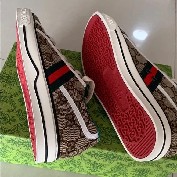 Gucci Brown GG Canvas Sneakers with Green Red Web - Picture 3 of 5
